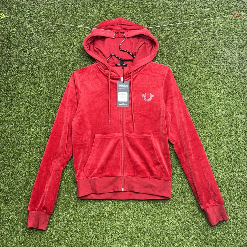 True Religion Velour Jacket Womens XS Red Zip Up Wings Rhinestones Y2K NWT